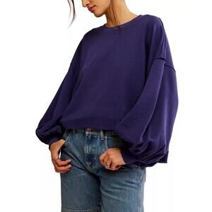 Free People Women's Trish Cotton Drop-Shoulder Sweatshirt in Navy Blue